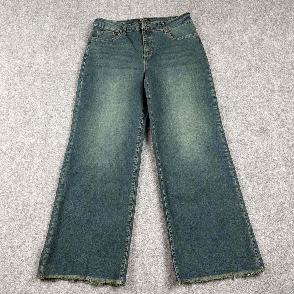 Flamingo Jeans Women Medium Wide Leg Raw Hem High Rise Faded Preppy Skater Y2K